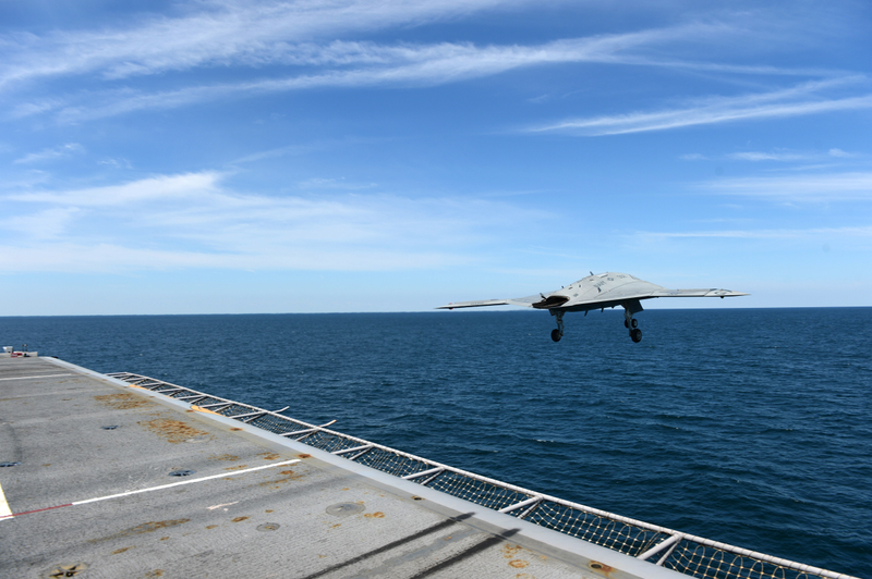 An X-47B Unmanned Combat Air System demonstrator launches from the flight deck of the aircraft carrier USS George H.W. Bush (CVN 77), 2013.